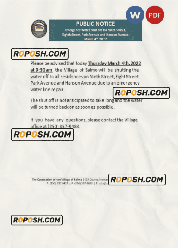 Canada British Columbia Hub of the Salmo Kootenays utility shut off notice, Word and PDF template