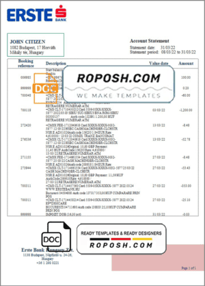 Hungary Erste Bank statement template in Word and PDF format