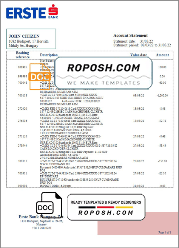 Hungary Erste Bank statement template in Word and PDF format