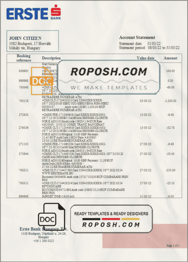 Hungary Erste Bank statement template in Word and PDF format