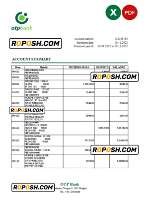 Hungary OTP bank statement Excel and PDF template