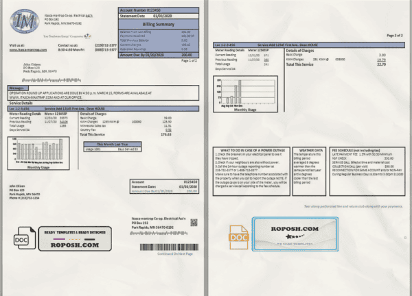 USA Minnesota Itasca-Mantrap electricity utility bill template in Word and PDF format (2 pages)
