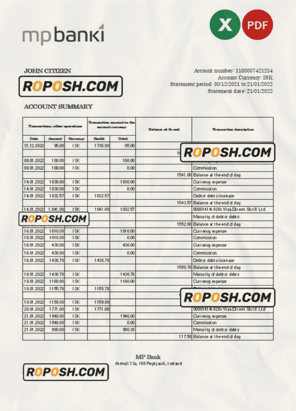 Iceland MP bank statement Excel and PDF template