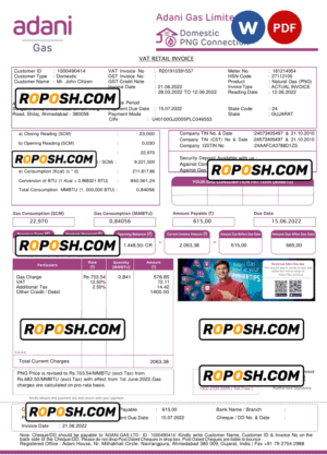 India Adani utility bill template in Word and PDF format