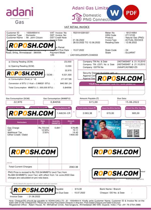 India Adani utility bill template in Word and PDF format