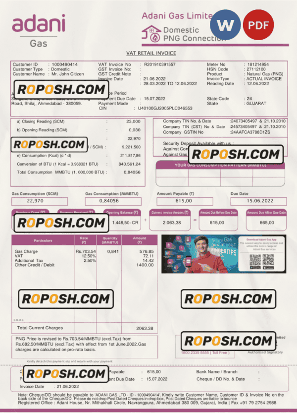 India Adani utility bill template in Word and PDF format