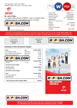 India Airtel telecommunication services utility bill template in Word and PDF format