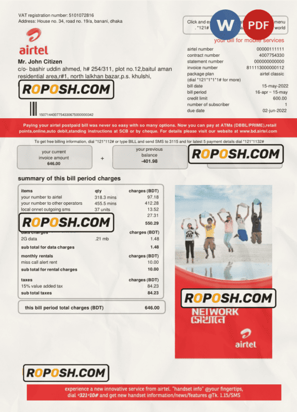 India Airtel telecommunication services utility bill template in Word and PDF format