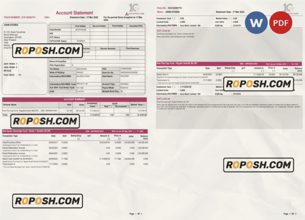 India Axis bank statement, Word and PDF template, 3 pages