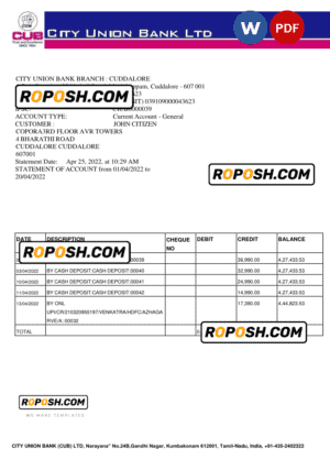 India City Union Bank statement, Word and PDF template