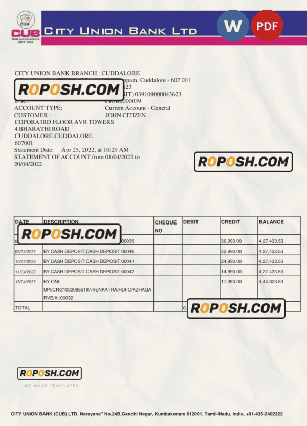 India City Union Bank statement, Word and PDF template