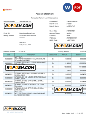 India Fincare bank account statement, Word and PDF template