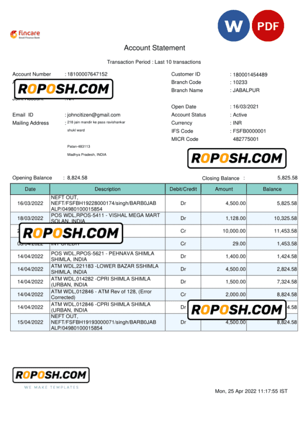India Fincare bank account statement, Word and PDF template