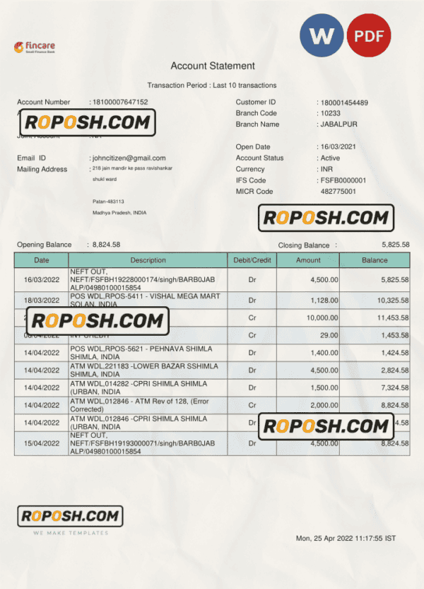 India Fincare bank account statement, Word and PDF template