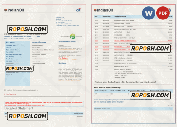 India Indian Oil utility bill template in Word and PDF format, 6 pages