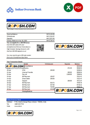 India Indian Overseas Bank statement Excel and PDF template