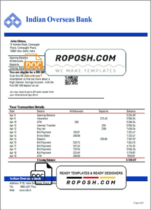 India Indian Overseas Bank statement template in Word and PDF format