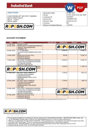India IndusInd bank statement, Word and PDF template