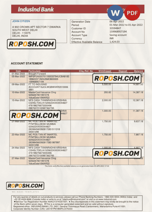 India IndusInd bank statement, Word and PDF template