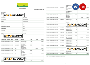 India KVB bank statement, Word and PDF template, 2 pages