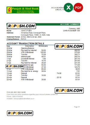 India Punjab and Sind bank statement Excel and PDF template