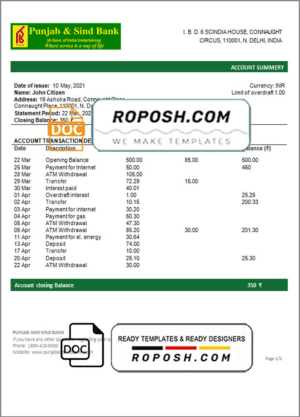 India Punjab and Sind Bank statement template in Word and PDF format