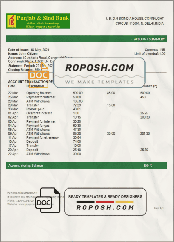 India Punjab and Sind Bank statement template in Word and PDF format