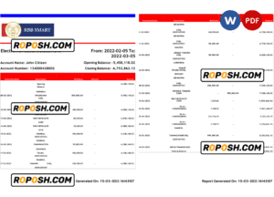 India RBB Smart bank statement, Word and PDF template, 2 pages