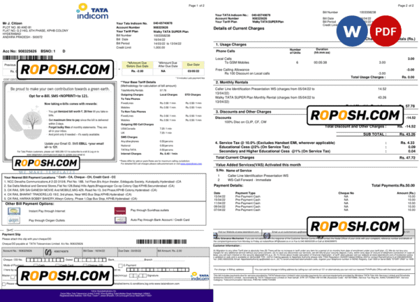 India Tata Indicom mobile utility bill template in Word and PDF format, 2 pages