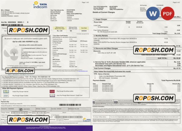 India Tata Indicom mobile utility bill template in Word and PDF format, 2 pages