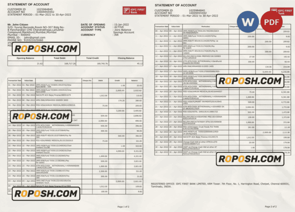 India IDFC First bank statement Word and PDF template, 2 pages