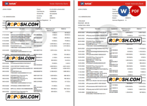 India Kotak Mahindra bank statement Word and PDF template, 7 pages