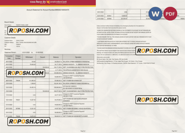India Punjab National Bank statement Word and PDF template, 2 pages, version 2