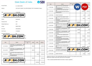 India State Bank of India (SBI) bank statement Word and PDF template, 2 pages