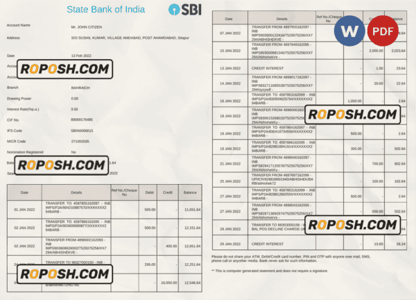 India State Bank of India (SBI) bank statement Word and PDF template, 2 pages