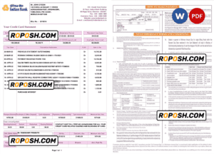 India Indian bank credit card statement, Word and PDF template, 2 pages