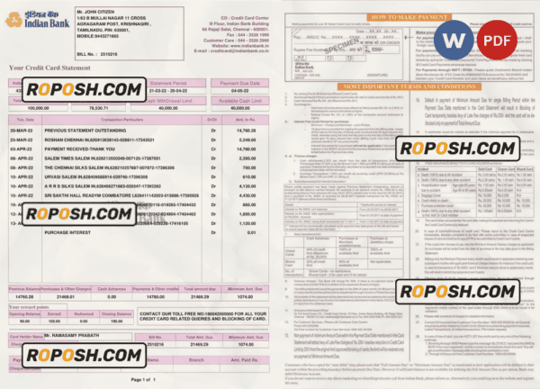 India Indian bank credit card statement, Word and PDF template, 2 pages
