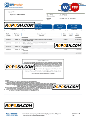 Indonesia BRIsyariah bank e-Statement, Word and PDF template