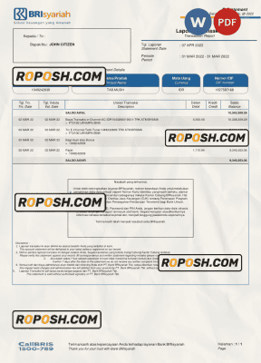 Indonesia BRIsyariah bank e-Statement, Word and PDF template | roposh