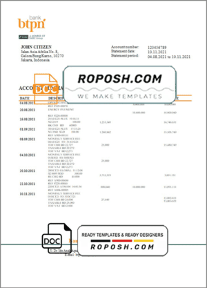 Indonesia BTPN proof of address bank statement in Word and PDF format