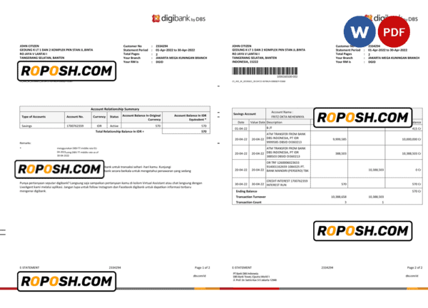 Indonesia DBS Digibank statement, Word and PDF template, 2 pages