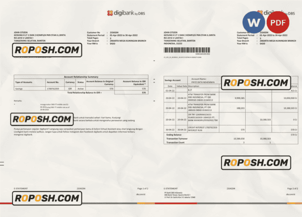 Indonesia DBS Digibank statement, Word and PDF template, 2 pages