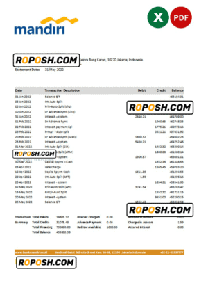 Indonesia Mandiri bank statement Excel and PDF template