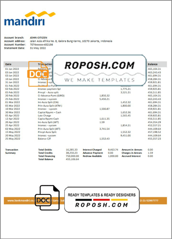 Indonesia Mandiri proof of address bank statement in Word and PDF format