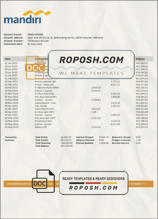Indonesia Mandiri proof of address bank statement in Word and PDF format