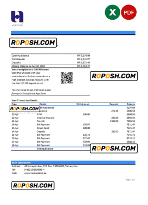 Iran Bank Sederat Iran statement Excel and PDF template