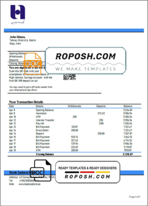 Iran Bank Sederet Iran proof of address bank statement template in Word and PDF format