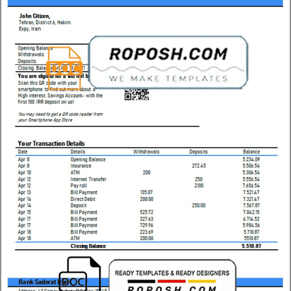 Iran Bank Sederet Iran proof of address bank statement template in Word ...