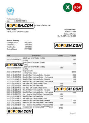Iran Bank Sepah bank statement Excel and PDF template