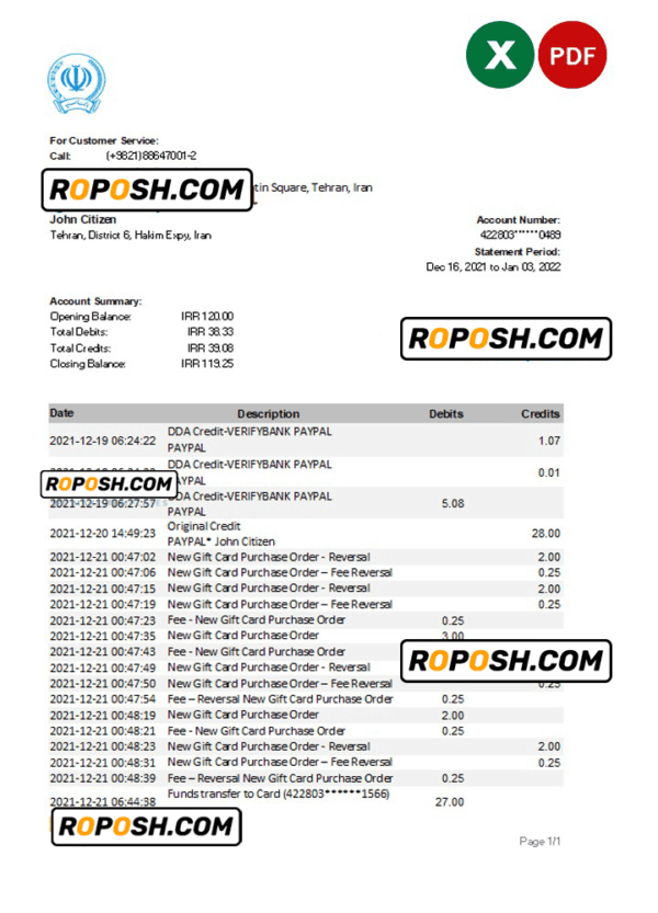 Iran Bank Sepah bank statement Excel and PDF template
